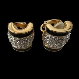 VTG Signed Swarovski Crystal Gold-Tone Half Moon Clip-On Earrings